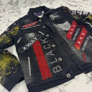 Men's Fashion Red Silver & Gold Rhinestones Performance Black Denim Jacket
